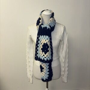 Handmade Granny Square Crochet Scarf Navy Blue Light Blue Cream Boho